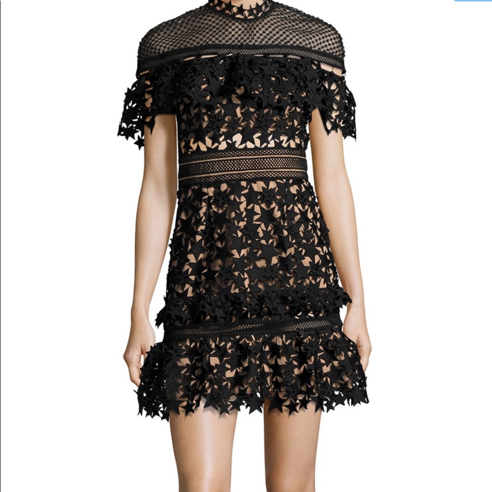 Self Portrait Yoke Frill Star Mini Dress Black